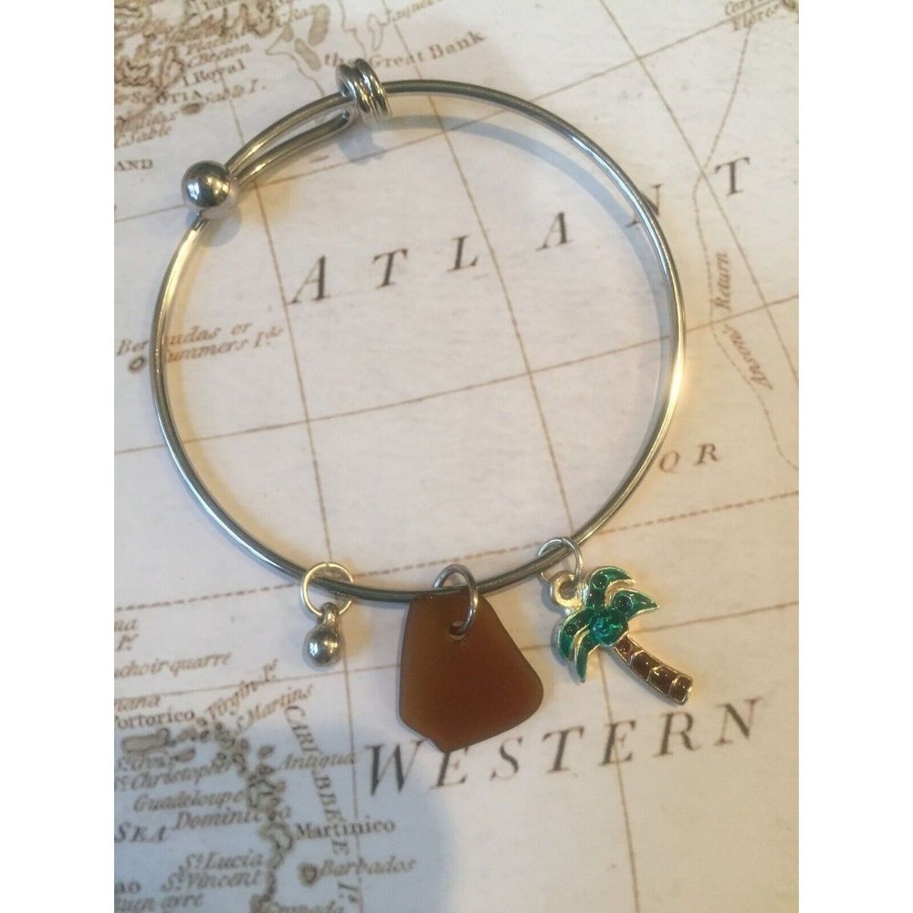 Genuine Brown Seagrass Bangle with Palm Tree Charm and bead